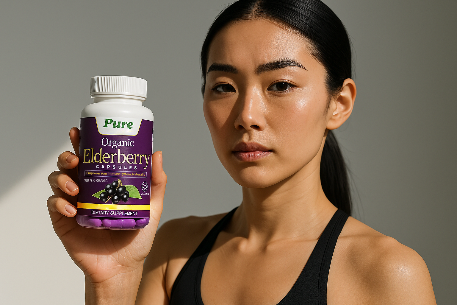 Pure Herb Boost Elderberry Capsules – immune-boosting herbal supplement in a clear bottle with vegan capsules on white background
