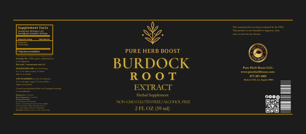 Label image of Burdock Root Extract by Pure Herb Boost – Herbal formula known for promoting skin clarity, aiding digestion, and supporting gentle detox.