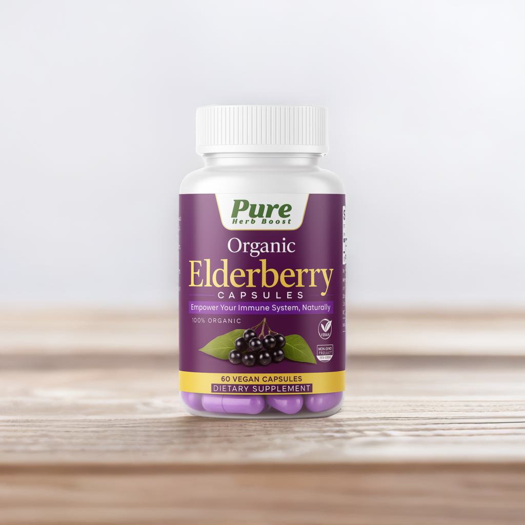 Elderberry supplement bottle resting on a wooden bench, captured in natural light to highlight its immune-boosting, antioxidant-rich formula.
