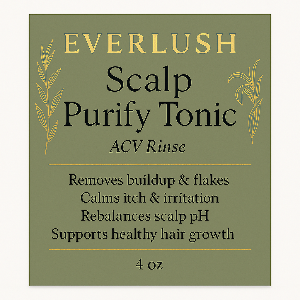 Label image of EverLush Scalp Purify Tonic (ACV Rinse) 4 oz – Detox Phase 2, formulated to clarify the scalp, remove buildup, and revitalize hair for healthier, refreshed locks.