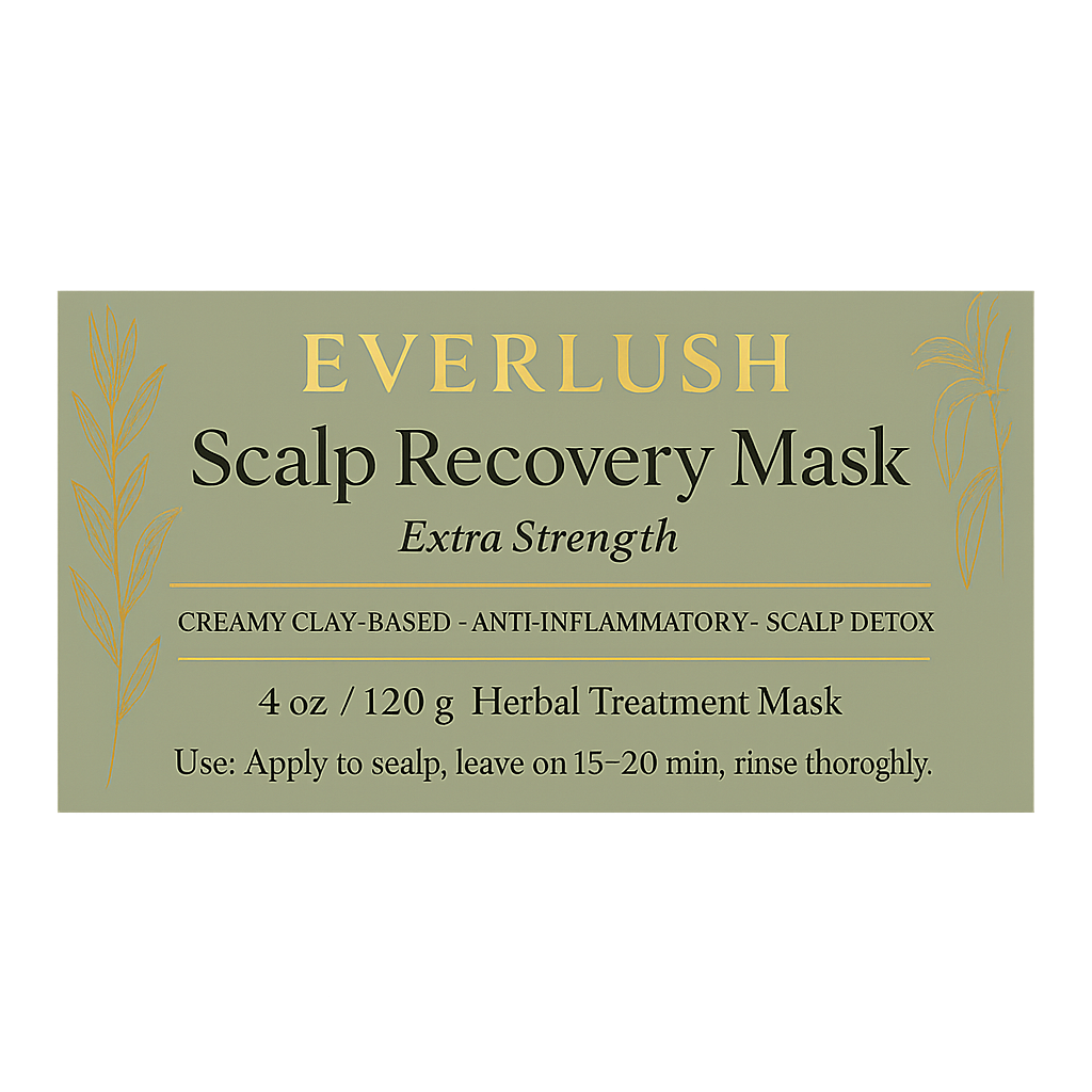 Label image of EverLush Scalp Recovery Mask – Detox Phase 1, designed to deeply cleanse the scalp, restore balance, and nourish for healthier hair growth.