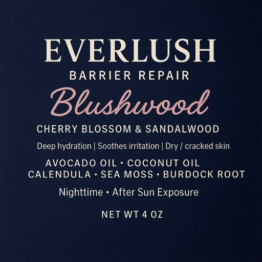 Label image of Everlush Blushwood Body Butter featuring Cherry Blossom & Sandalwood, infused with Calendula, Sea Moss, Burdock Root, Arnica, White Willow, and Valerian Root for deep hydration, skin repair, and relaxation.