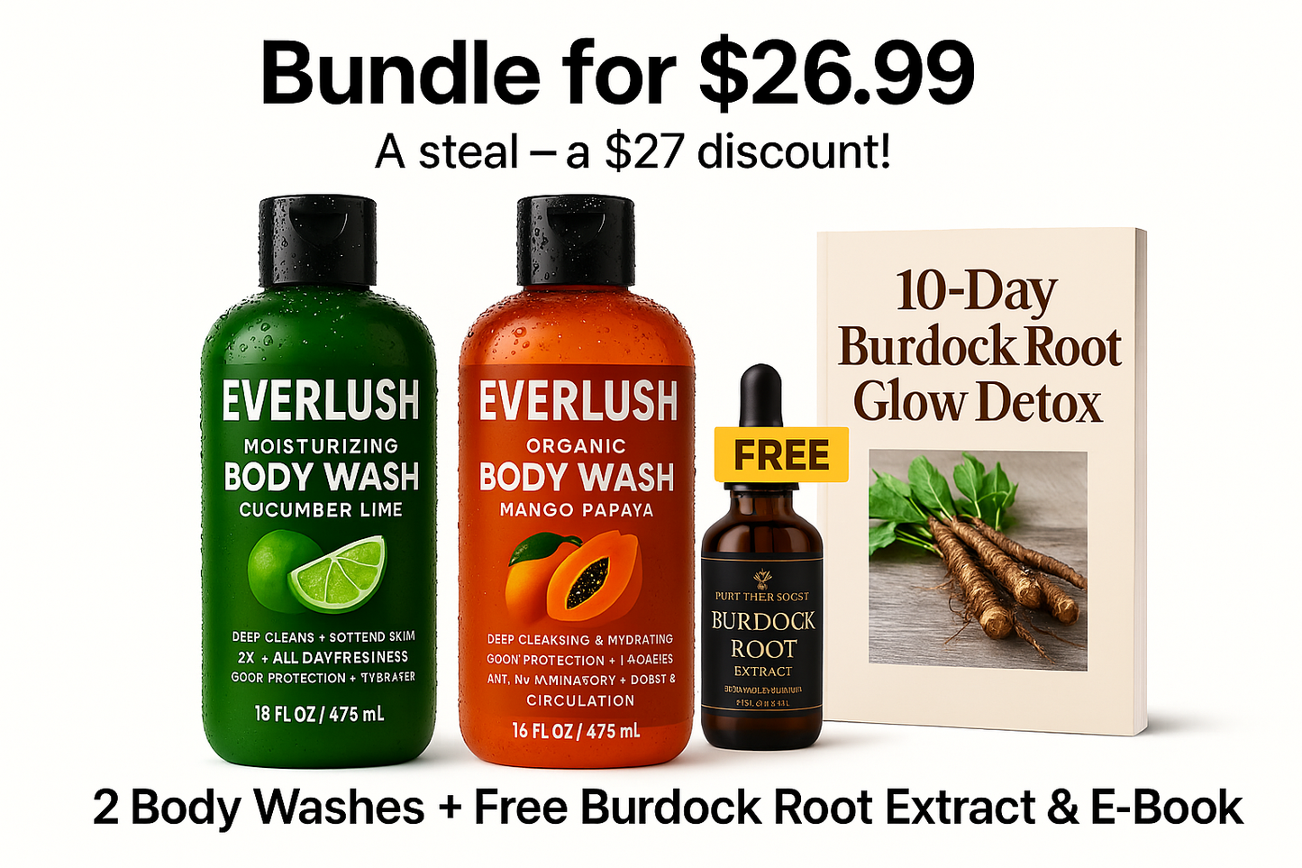 Herbal wellness bundle with two Everlush body washes, a free liquid extract, and an eBook—all for $26.99, perfect for nourishing skin and boosting self-care naturally.