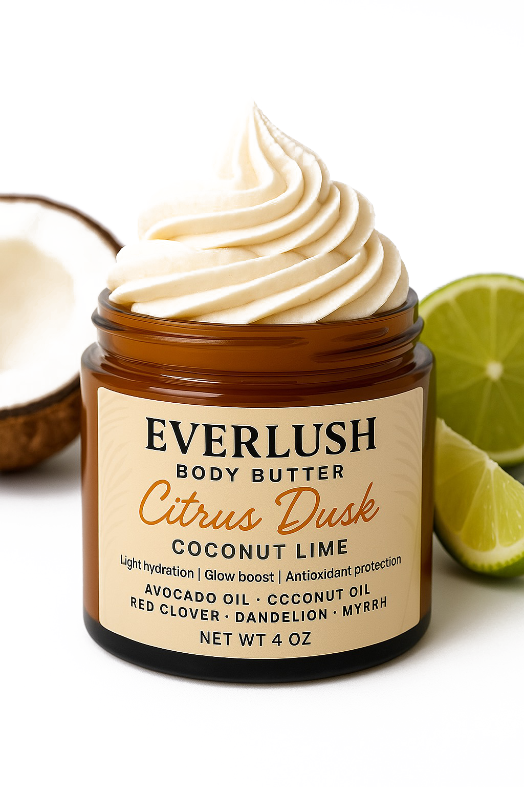 Everlush Citrus Dusk Body Butter jar with Shea Butter, Red Clover, Dandelion, Myrrh, and Elderberry, offering refreshing hydration, revitalization, and skin renewal with a zesty citrus fragrance.