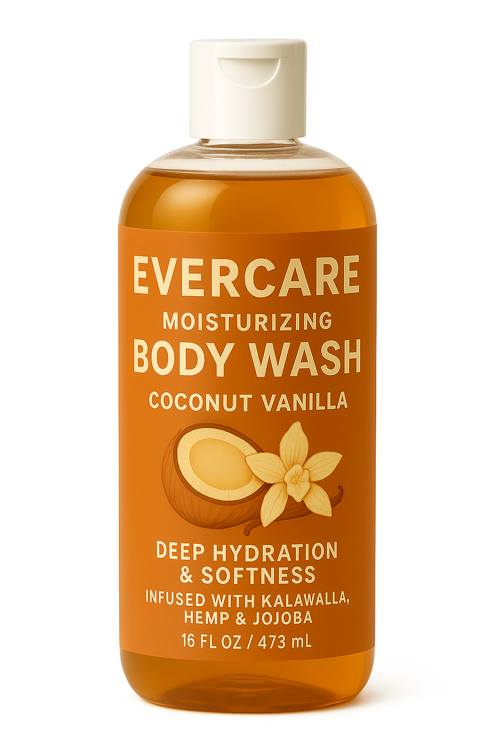 Coconut-scented body wash bottle surrounded by coconut pieces, offering deep hydration and a tropical scent.
