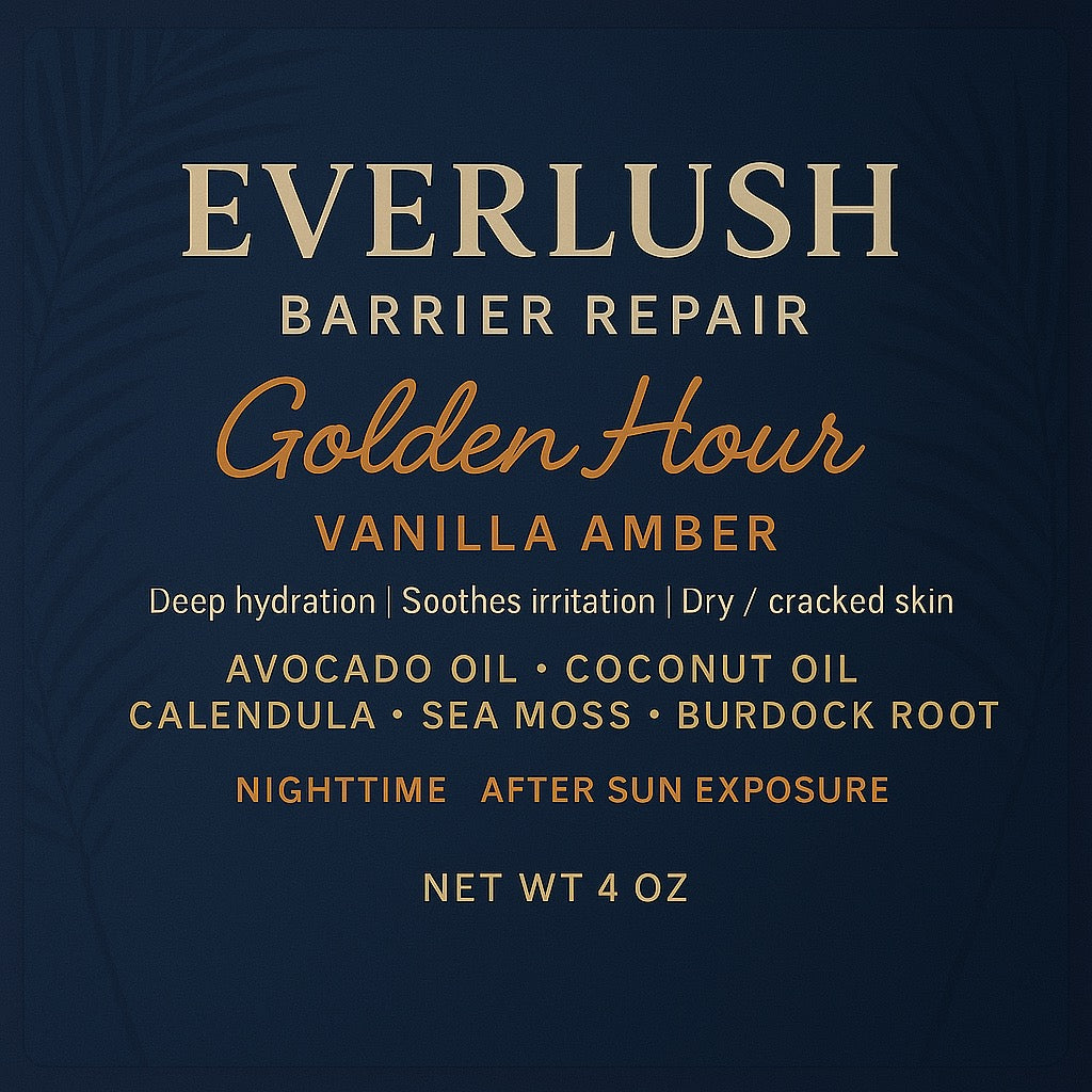 Label image of Everlush Golden Hour Body Butter featuring Warm Citrus & Jasmine, enriched with Calendula, Sea Moss, Burdock Root, Arnica, White Willow, and Valerian Root for deep hydration, skin renewal, and relaxation.
