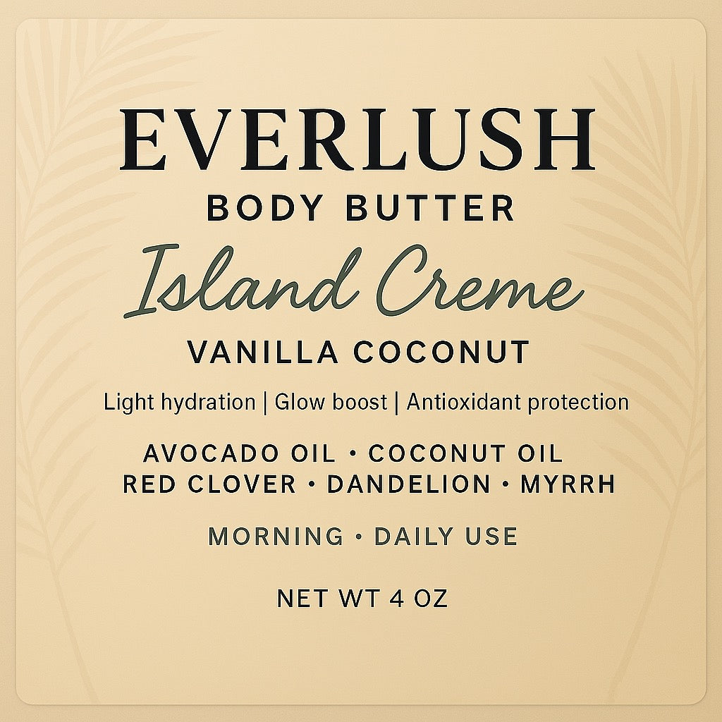 Label of Everlush Island Crème Body Butter featuring Shea Butter, Red Clover, Dandelion, Myrrh, and Elderberry, offering deep hydration, skin renewal, and a tropical, soothing scent