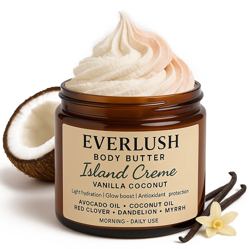 Everlush Island Crème Body Butter jar with Shea Butter, Red Clover, Dandelion, Myrrh, and Elderberry, offering deep hydration and skin renewal with a tropical, soothing scent.