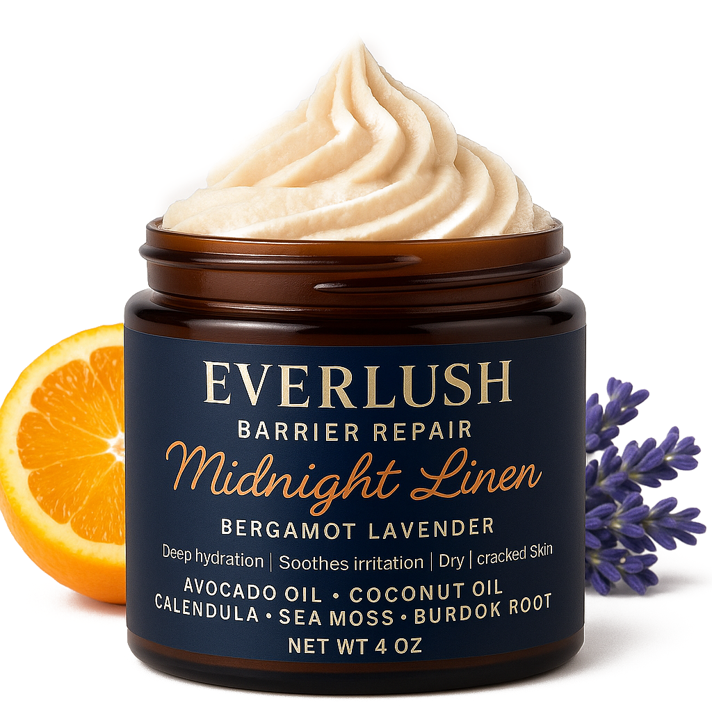 Everlush Midnight Linen Body Butter with Lavender and Bergamot, infused with Calendula, Sea Moss, Burdock Root, Arnica, White Willow, and Valerian Root for soothing nighttime hydration, skin renewal, and relaxation.