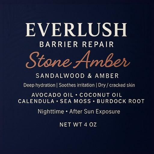 Label image of Everlush Stone Amber Body Butter featuring Sandalwood & Amber, infused with Calendula, Sea Moss, Burdock Root, Arnica, White Willow, and Valerian Root for deep hydration, skin repair, and relaxation.