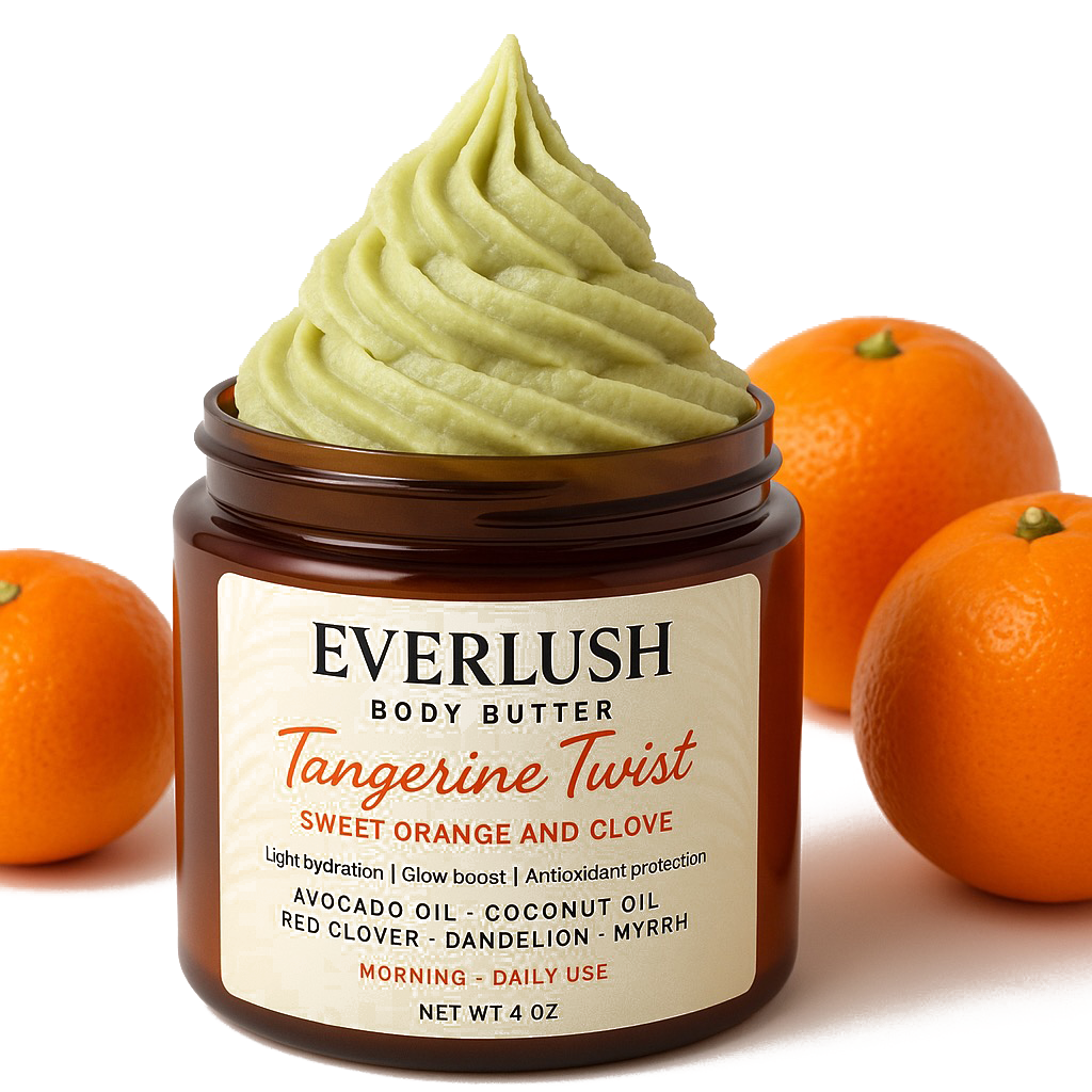 Everlush Tangerine Twist Body Butter jar with Shea Butter, Red Clover, Dandelion, Myrrh, and Elderberry, delivering deep hydration, revitalization, and skin renewal.