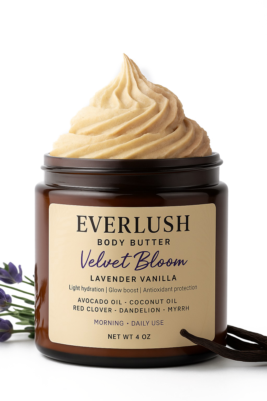 Everlush Velvet Bloom Body Butter jar with Shea Butter, Red Clover, Dandelion, Myrrh, and Elderberry, providing deep hydration, skin revitalization, and a soothing floral fragrance.