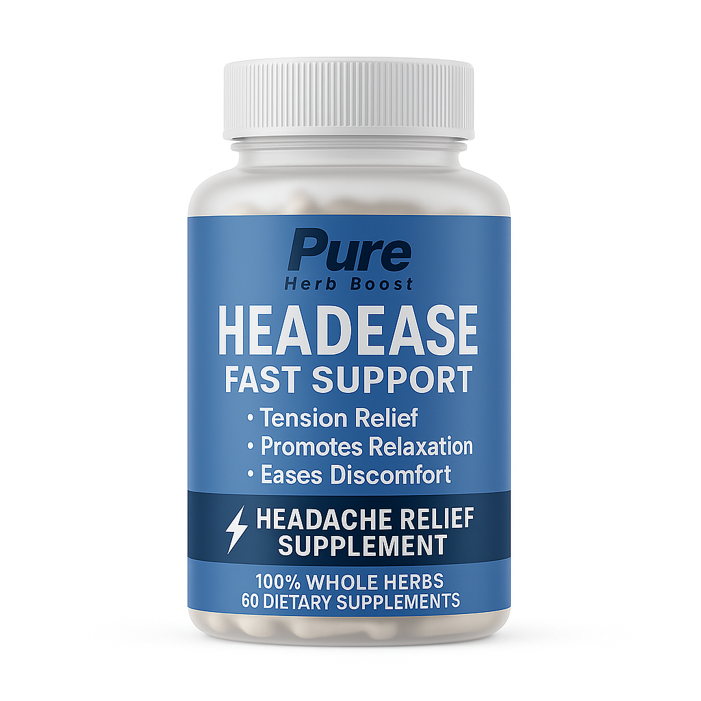 Product image of HeadEase Fast Support by Pure Herb Boost – 60 herbal capsules designed to ease headaches, reduce tension, and support mental clarity with plant-based ingredients.
