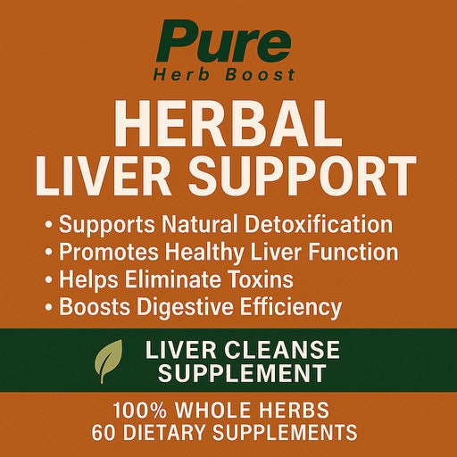 Label image of Herbal Liver Support by Pure Herb Boost – 60 capsules highlighting liver detoxification, herbal cleansing, and regenerative liver support.
