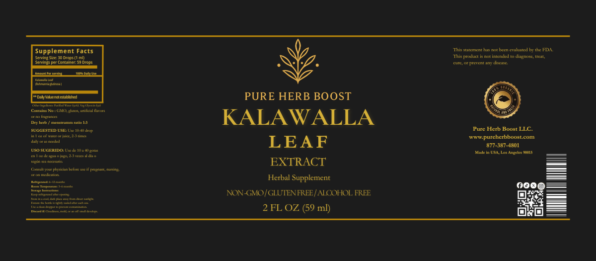 Label image of Kalawalla Extract by Pure Herb Boost – Organic herbal extract designed to promote overall wellness, support skin hydration, and enhance the body’s natural detox processes.