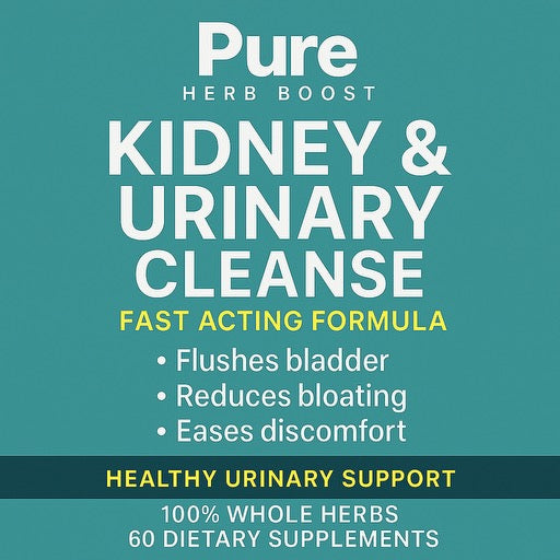 Label image of Pure Herb Boost Kidney & Urinary Cleanse 60 Capsules, highlighting herbal support for kidney detox, bladder function, and urinary tract wellness.