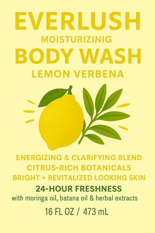 Label image of EverLush Lemon Verbena Herbal Body Wash – 16 oz refreshing body wash with Kalawalla and lemon verbena, providing gentle nourishment and hydration for the skin.