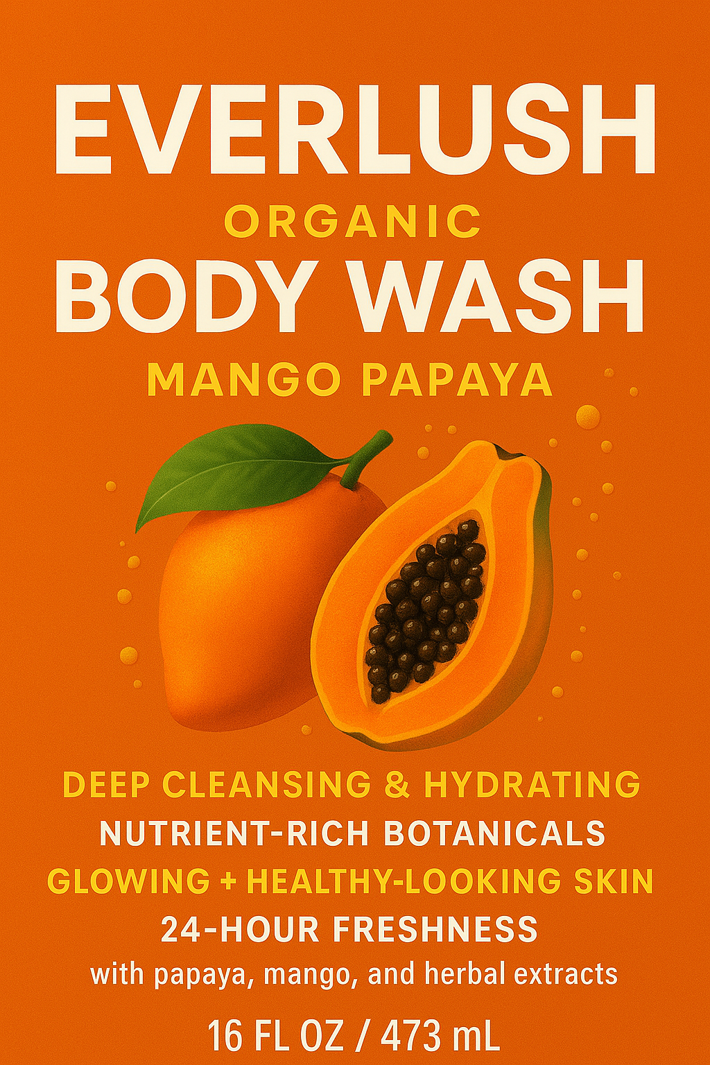 Label image of EverLush Mango Papaya Herbal Body Wash – 16 oz natural cleanser with Kalawalla and essential oils for a fruity, nourishing cleanse and all-day freshness.
