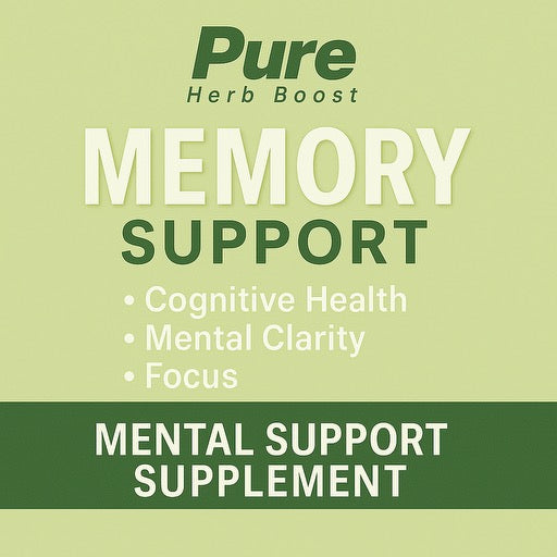 Label image of Memory Support by Pure Herb Boost – 60 capsules designed to support cognitive health, boost mental clarity, and improve memory retention naturally.
