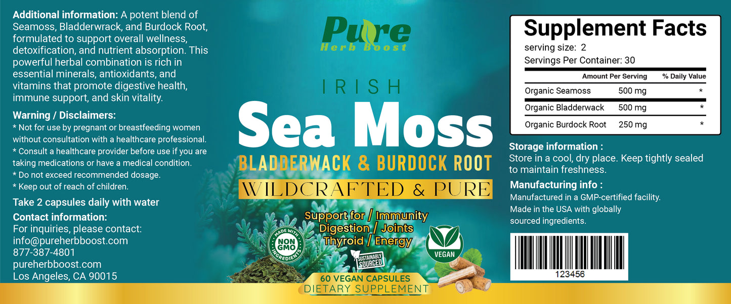 Label image of Organic Irish Sea Moss Symphony Capsules – 60 capsules with 1200 mg Irish Sea Moss, Bladderwrack, and Burdock Root to support overall health and vitality.