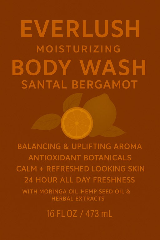 Label image of EverLush Santal Bergamot Herbal Body Wash – 16 oz natural body wash with Kalawalla, earthy bergamot, and sandalwood tones to nourish and rejuvenate skin.