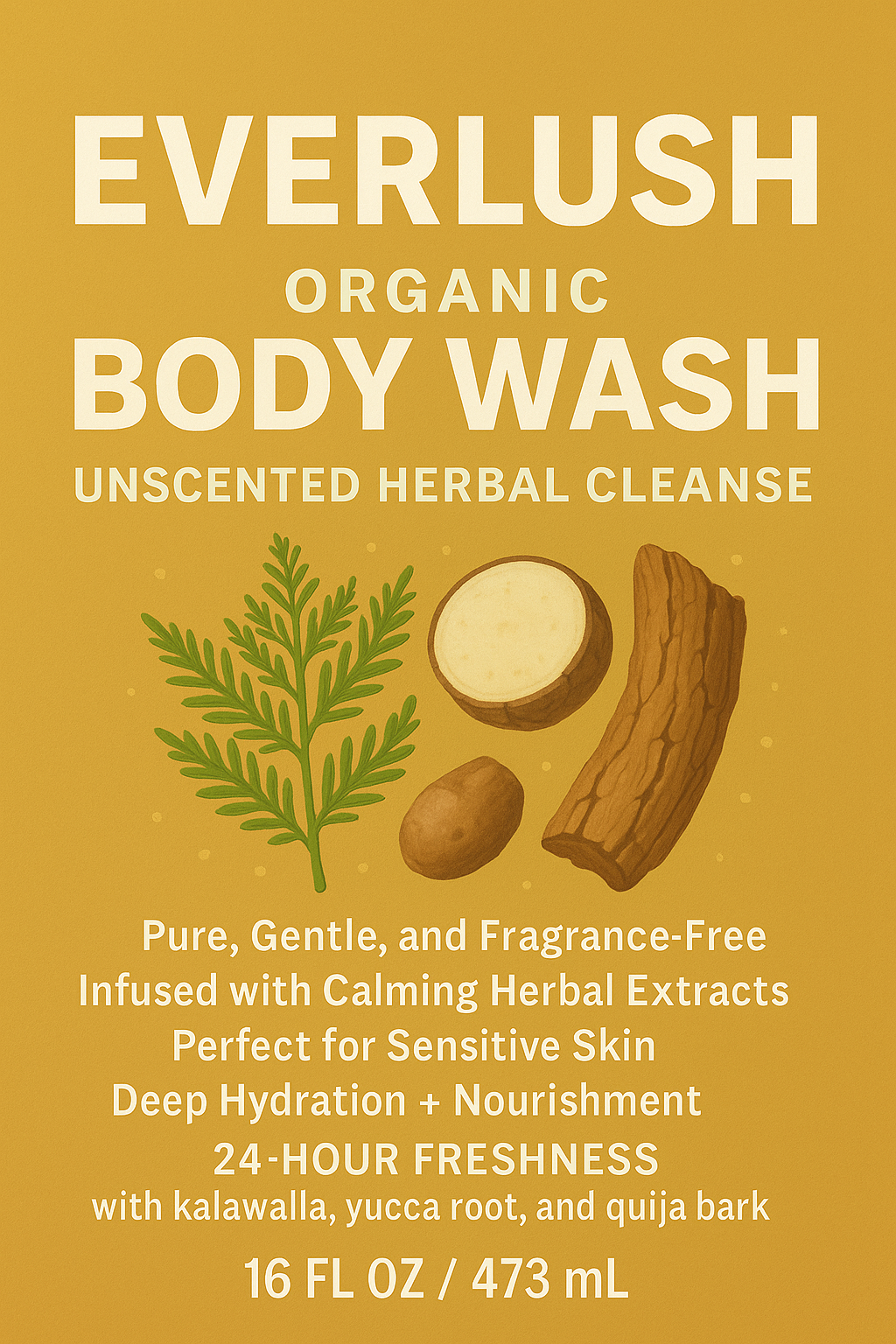 Label image of EverLush Unscented Herbal Body Wash – 16 oz fragrance-free, natural cleanser with Kalawalla for soothing, hydrating, and detoxifying sensitive skin.