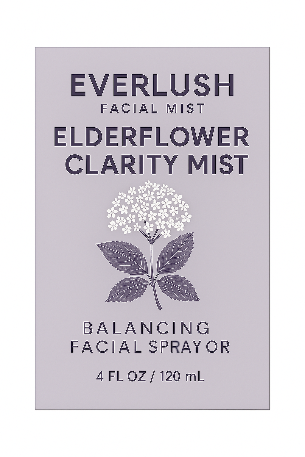 Back label of Elderflower Clarity Mist showing herbal ingredients for oil control, acne support, and skin hydration