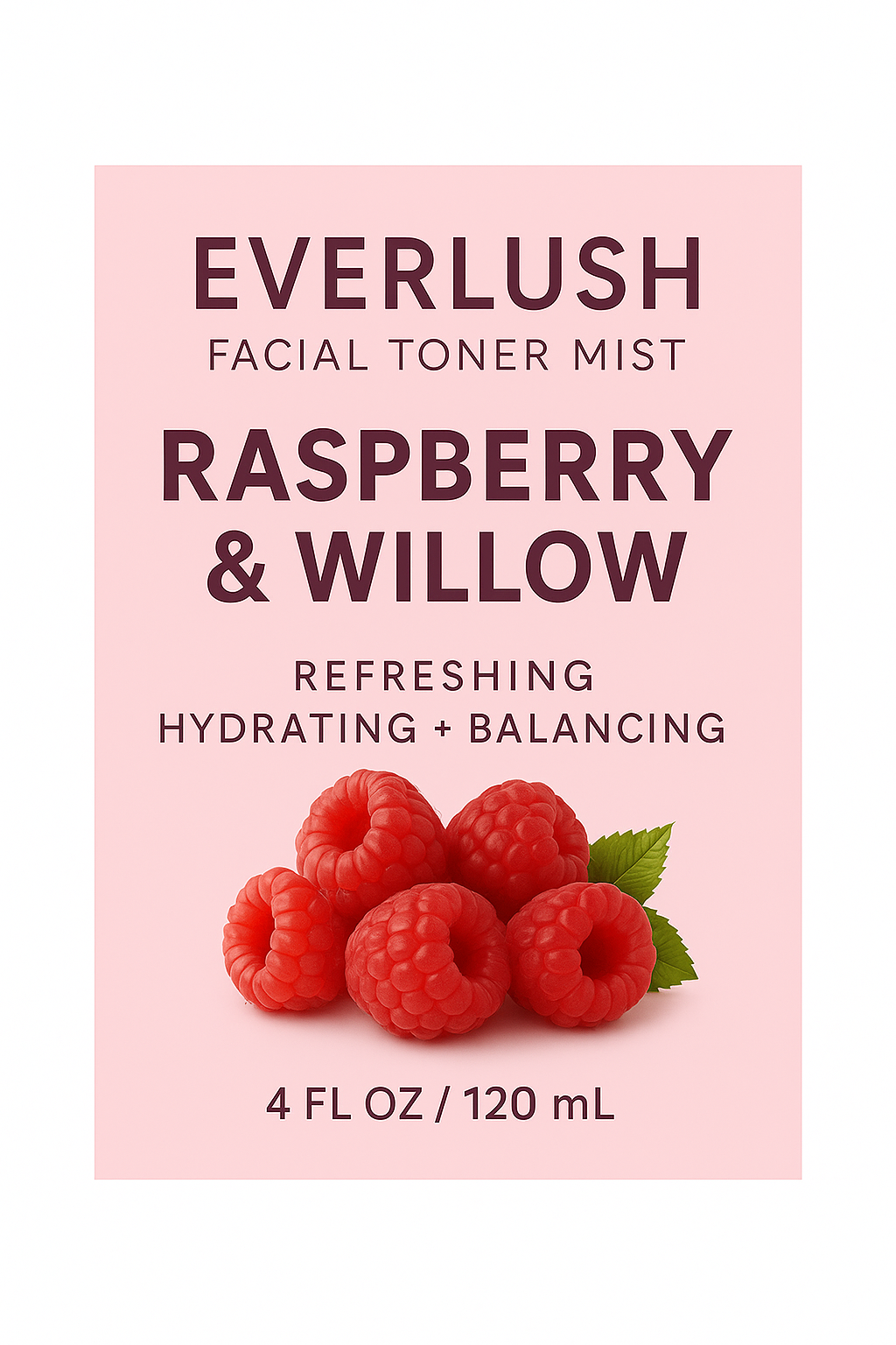 Close-up of Everlush Red Raspberry Toner ingredients label – botanical facial mist with herbal extracts for skin clarity and hydration