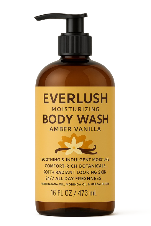 Product image of Amber Vanilla EverLush Herbal Body Wash – 16 oz warm, nourishing cleanser infused with Kalawalla and essential oils for silky hydration and botanical skin support.