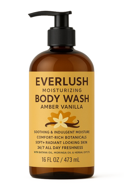 Product image of Amber Vanilla EverLush Herbal Body Wash – 16 oz warm, nourishing cleanser infused with Kalawalla and essential oils for silky hydration and botanical skin support.