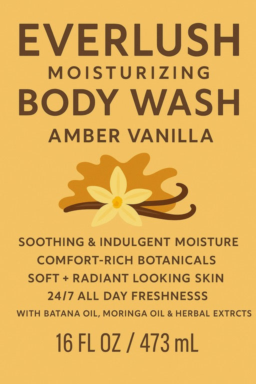 Label image of EverLush Amber Vanilla Herbal Body Wash – 16 oz soothing, natural body cleanser with Kalawalla and vanilla for deep hydration, softness, and warm botanical care.