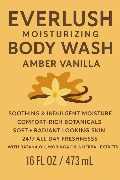 Label image of EverLush Amber Vanilla Herbal Body Wash – 16 oz soothing, natural body cleanser with Kalawalla and vanilla for deep hydration, softness, and warm botanical care.