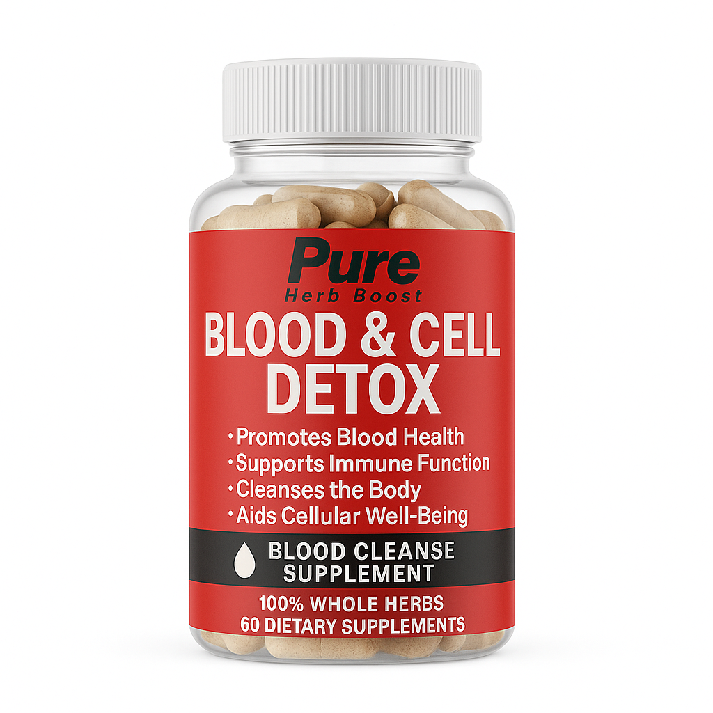 Blood & Cell Daily Detox Pure Herb Boost 60 Capsules, designed to support blood cleansing, cellular detoxification, and improved circulation using powerful herbal ingredients.