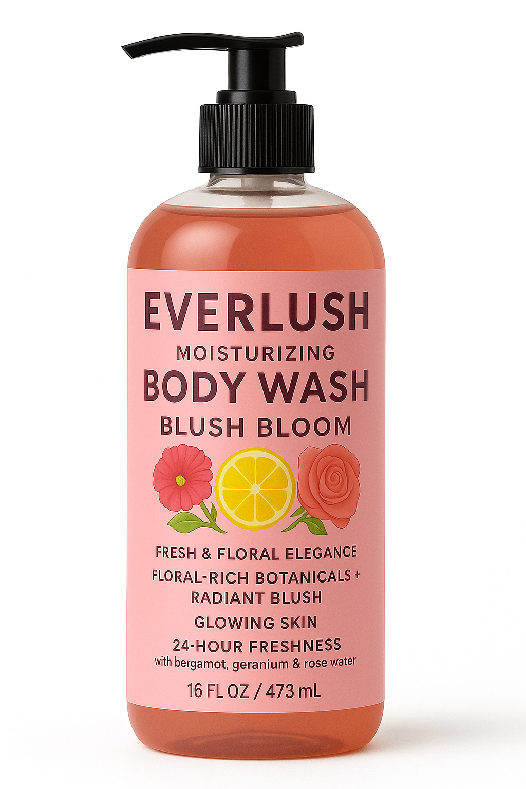 Everlush moisturizing body wash bottle with blush bloom scent on a white background