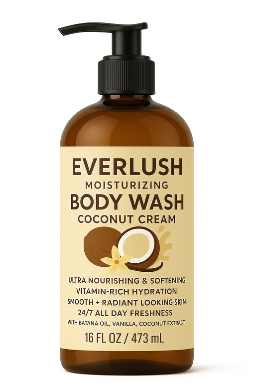 Product image of Coconut Cream EverLush Herbal Body Wash – 16 oz natural tropical cleanser infused with Kalawalla and coconut for deep hydration, softness, and a silky-smooth finish.