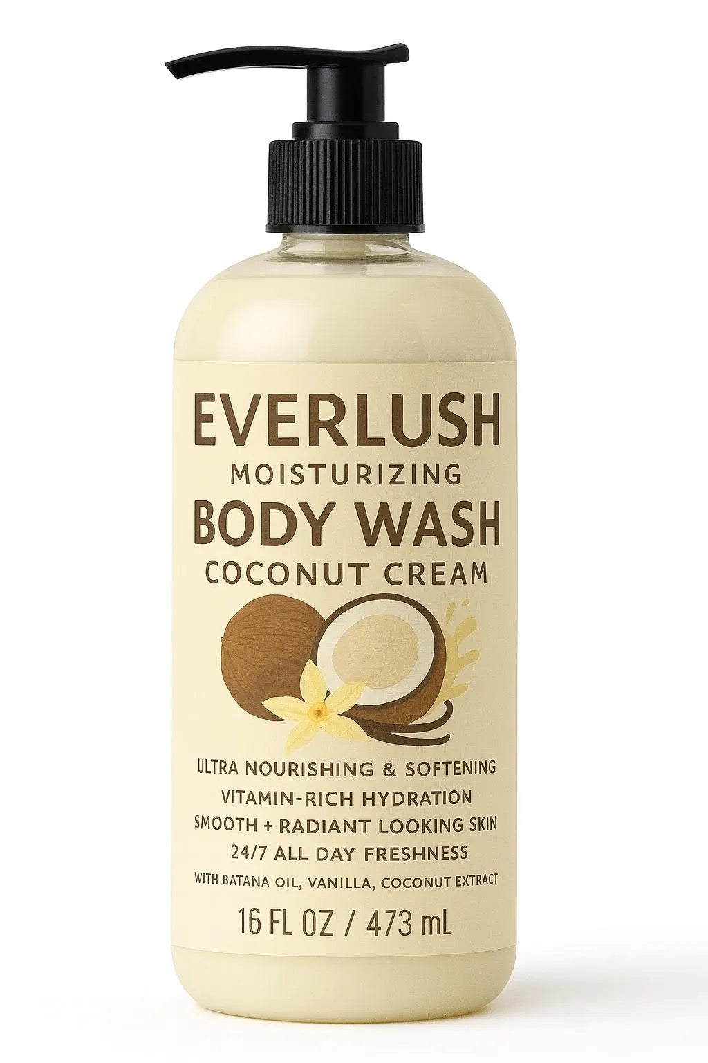 Everlush moisturizing body wash coconut cream bottle on a white background