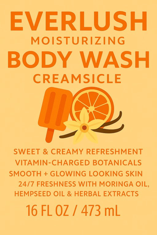 Label image of EverLush Creamsicle Herbal Body Wash – 16 oz hydrating body wash with Kalawalla and a refreshing citrus-vanilla blend to brighten, hydrate, and refresh skin.