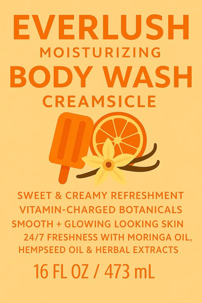 Label image of EverLush Creamsicle Herbal Body Wash – 16 oz hydrating body wash with Kalawalla and a refreshing citrus-vanilla blend to brighten, hydrate, and refresh skin.
