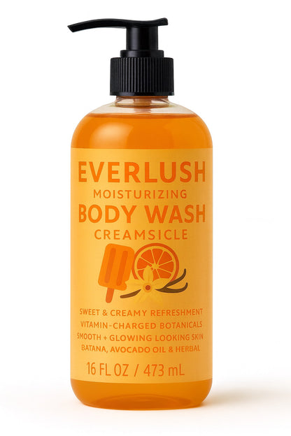 Creamsicle Everlush body wash bottle with pump on a white background