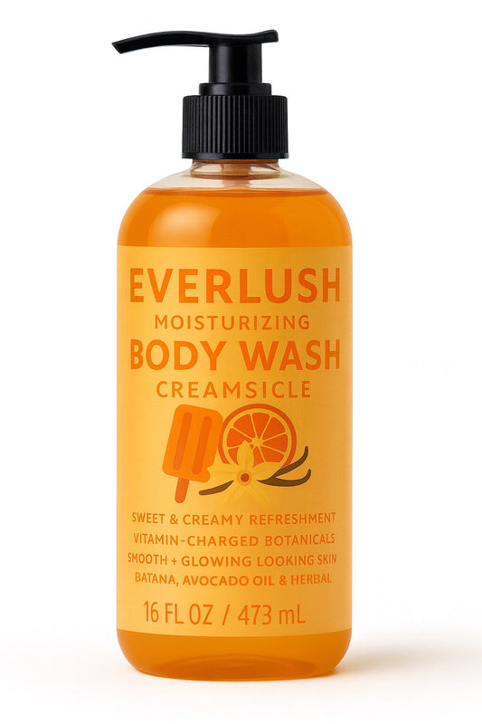 Creamsicle Everlush body wash bottle with pump on a white background