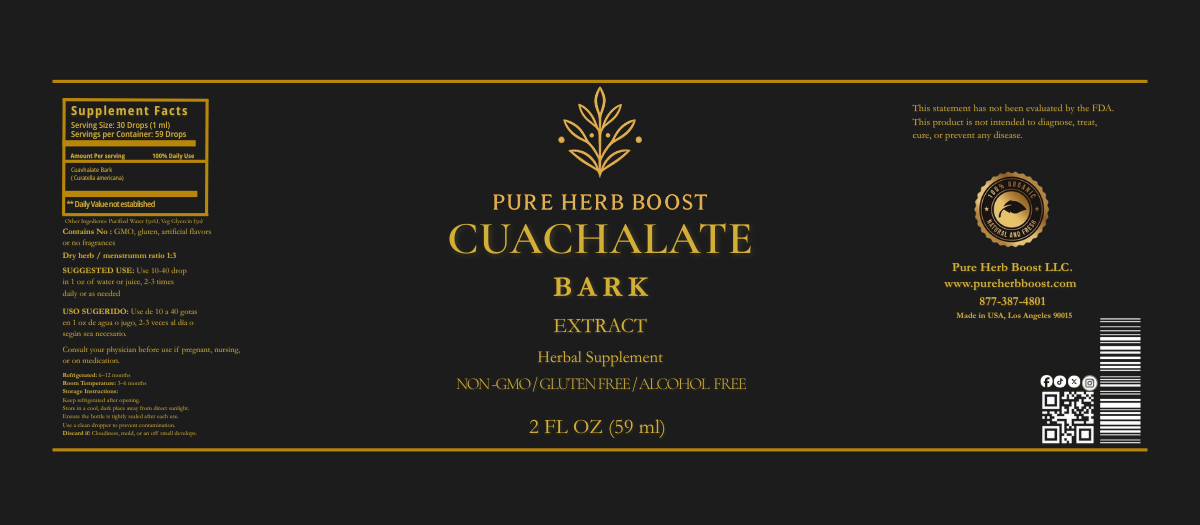 Label image of Cuachalalate Extract by Pure Herb Boost – Organic herbal extract to support digestion, promote healthy skin, and enhance immune function.