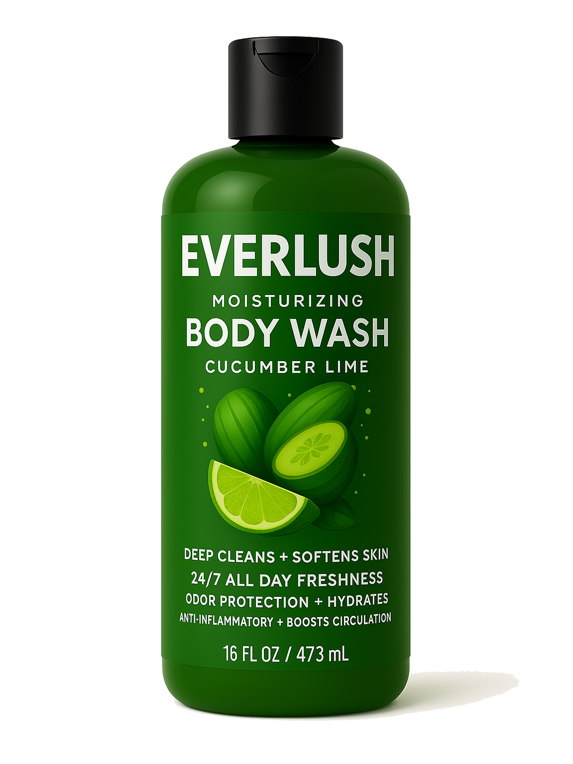 Cucumber Lime Everlush All Natural Herbal Body Wash – 16 oz formula with Kalawalla, cucumber, and lime for detoxing, hydrating, soothing the skin, and delivering long-lasting freshness with essential oils.
