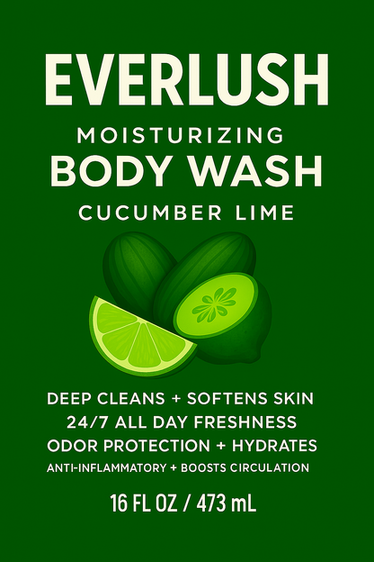 Label image of Everlush Cucumber Lime Herbal Body Wash – 16 oz detoxifying cleanser with Kalawalla, essential oils, and botanicals for a refreshing, cooling, and hydrating shower experience.