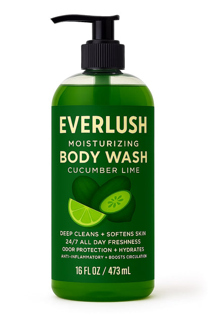 Green bottle of Everlush Cucumber Lime body wash on a white background