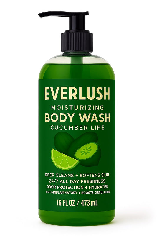 Green bottle of Everlush Cucumber Lime body wash on a white background