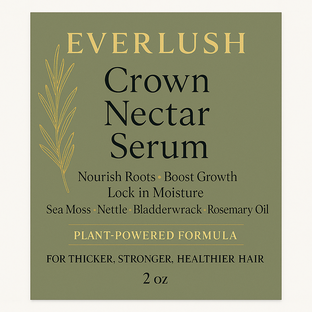 Label image of EverLush Crown Nectar Serum – Detox Phase 3, designed to nourish the scalp, activate hair follicles, and support thicker, healthier hair growth.
