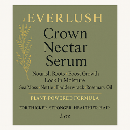 Label image of EverLush Crown Nectar Serum – Detox Phase 3, designed to nourish the scalp, activate hair follicles, and support thicker, healthier hair growth.