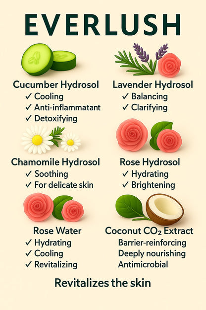EverLush natural hydrosols—Cucumber, Lavender, Chamomile, Rose, and Coconut CO₂ Extract—cooling, hydrating, and clarifying botanicals that revitalize the skin.