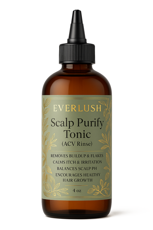 EverLush Scalp Purify Tonic (ACV Rinse) 4 oz bottle, formulated for scalp detoxification, deep cleansing, and rejuvenation to promote healthy, vibrant hair.