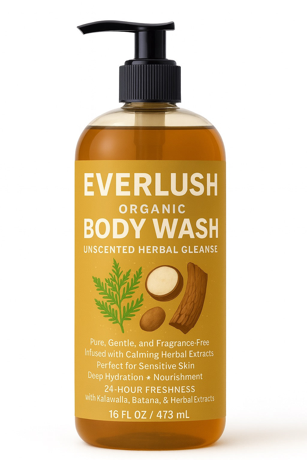 Everlush Unscented organic body wash bottle on a white background
